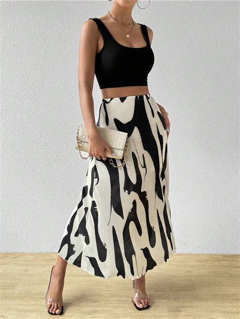Calvaya Solid Cropped Cami Top And Pleated Printed Skirt | SHEIN USA