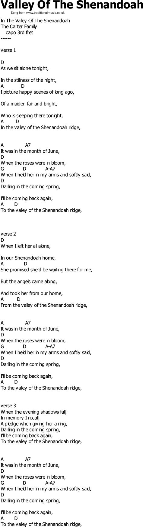 Old Country song lyrics with chords - Valley Of The Shenandoah