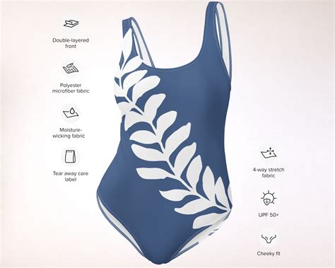 Muted Navy Blue 1-piece Swimsuit, White Foliage Silhouette, Soft Scoop ...
