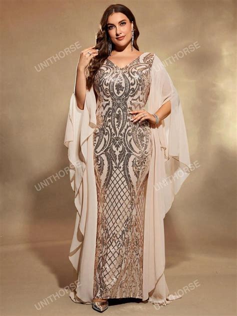 Plus Size Women Sequins Decor Flare Sleeve Dress Party Dress Wedding ...