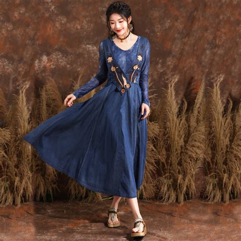 Summer big skirt dress wide sling denim long dress BE60230 - Yaaku.com