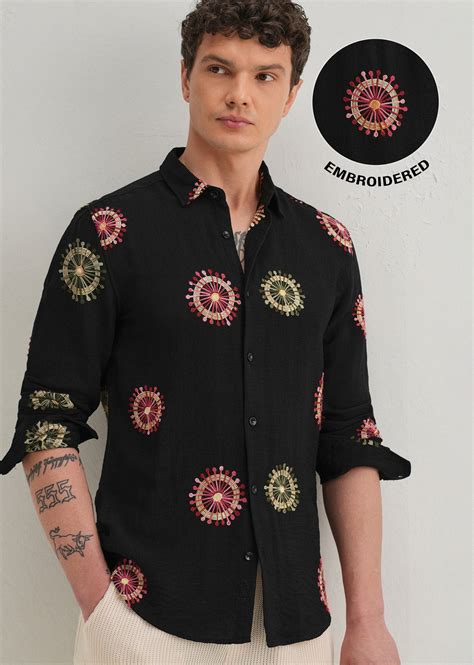 Black Circular Embroidery Shirt