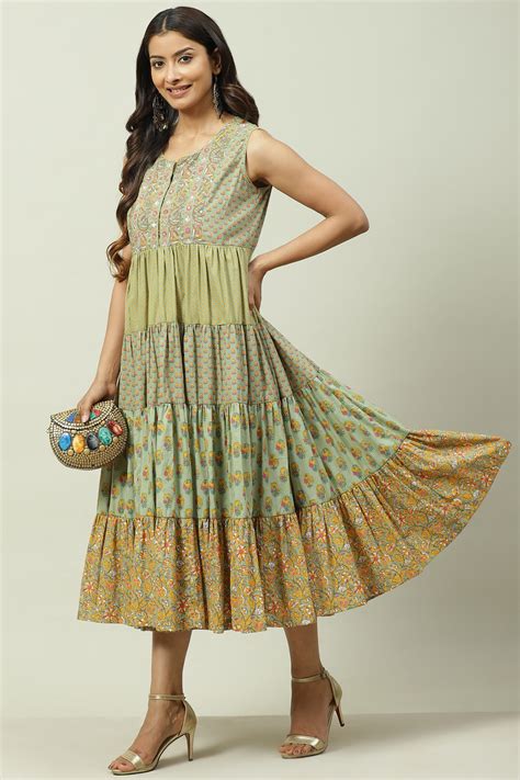 Green Cotton Flared Fusion Printed Dress at Biba India