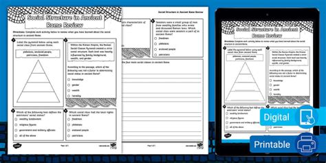 Social Structure in Ancient Rome Review Worksheet for 6th-8th Grade