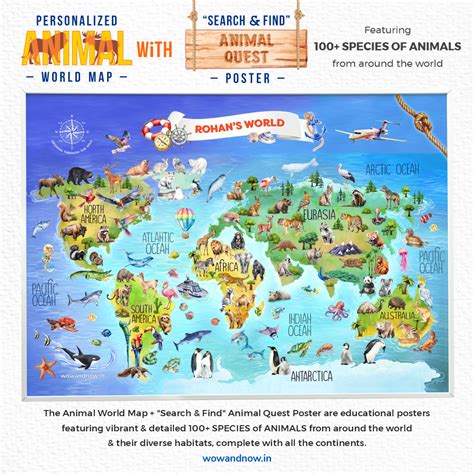 Personalized Animal World Map Wall Art with The Animal Quest Poster ...