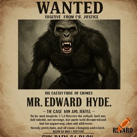 Wanted poster for Mr. Edward Hyde as a scary, hairy, ape-like figure on ...