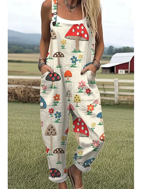 Women's 100% Cotton Dungarees Active Graphic Sleeveless Sleeveless ...
