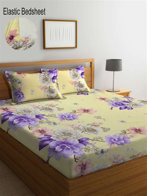 Klotthe Yellow Floral 300 TC Cotton Blend Elasticated Double Bedsheet ...