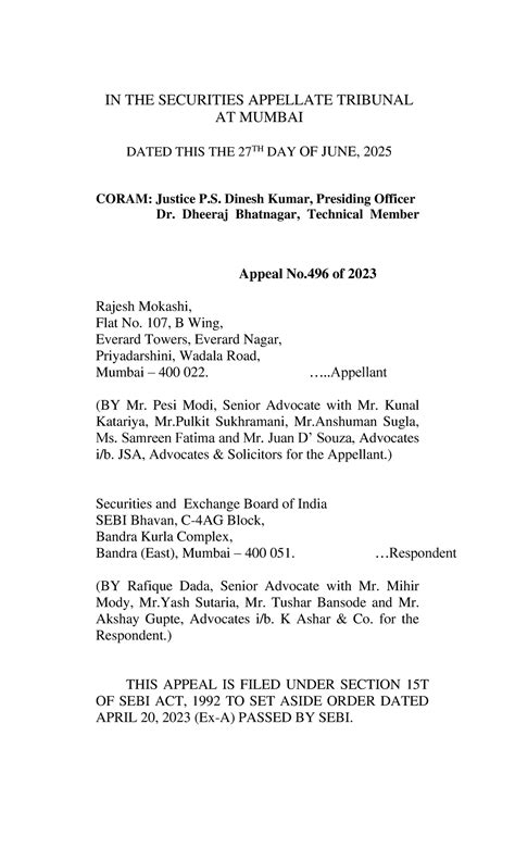 SAT Order Appeal No. 496 of 2023: Rajesh Mokashi vs. SEBI - Studocu
