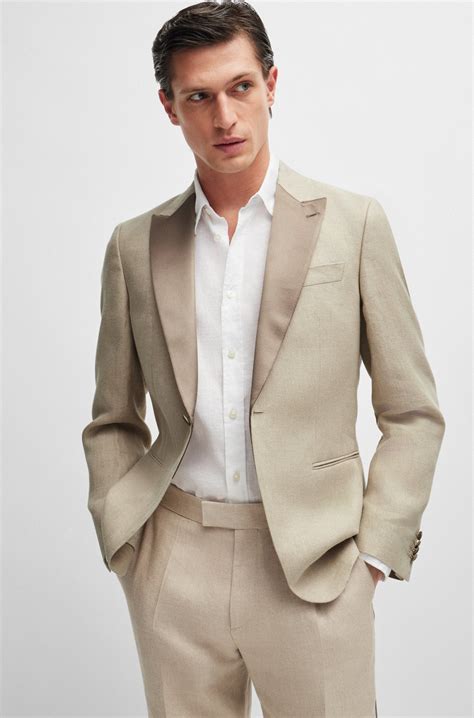BOSS - Slim-fit tuxedo in micro-patterned linen - Beige