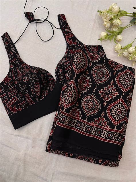 Black Maroon Badam Block Ajrakh Print Modal Silk Saree Blouse Combo Se ...