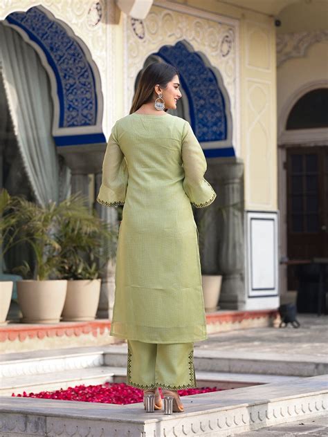 Varanga lime green kota check thread embroidered kurta with bottom and ...
