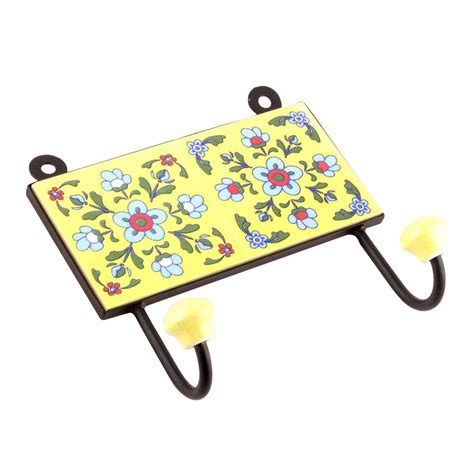 Yellow And Turquoise Tiny Flower Ceramic Tiles Hooks