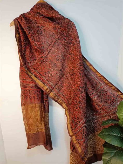Red Ajrakh Block Printed Chanderi Silk Tissue Border Dupatta