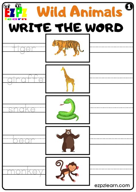 Wild Animals Write the Word Set 1 For kids and ESL PDF Download ...