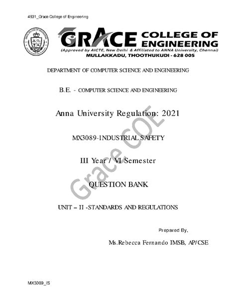 MX3089 Industrial Safety Question Bank - Unit II & Regulations - Studocu