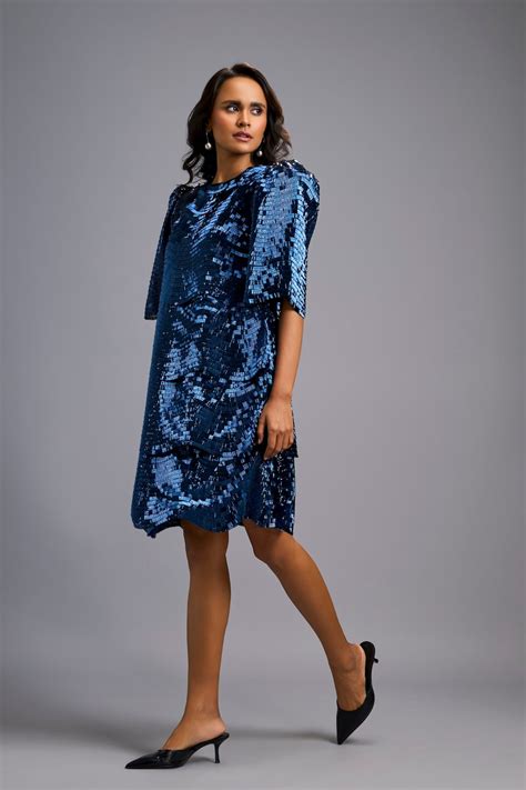 Navy Blue Shimmer Knee-Length Dress with Round Neckline – Deepika Arora