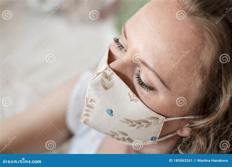Portrait of Woman Wearing Handmade Cotton Fabric Face Mask. Protection ...