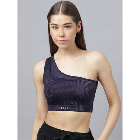 Buy Fitkin Womens Navy Blue Textured One Shoulder Sports Bra Online