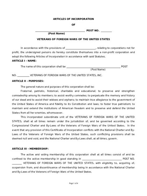 Sample Articles of Incorporation - vfwin.org Doc Template | pdfFiller