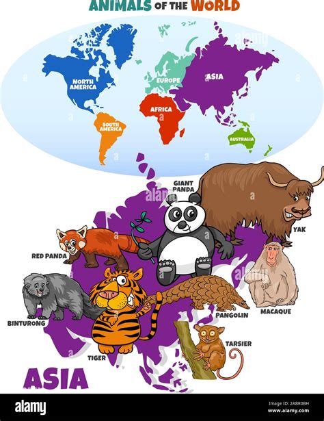 Educational Cartoon Illustration of Asian Animals and World Map with ...