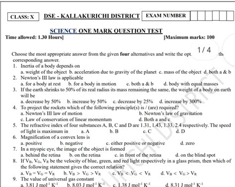 10th Science One Mark 100 Questions by Kallakuruchi district English Medium