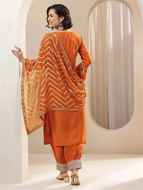 Buy Rust Embroidered Silk Blend Straight Suit Set With Dupatta Online ...