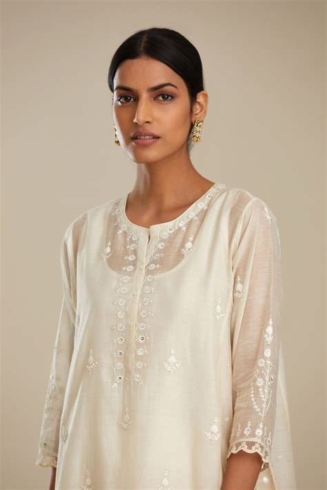 Buy - Off white cotton chanderi short kalidar set | Elan Store