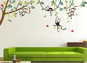 CAVE ART ' Monkey Hanging On Tree Branch Birds Decal Wall Stickers for ...