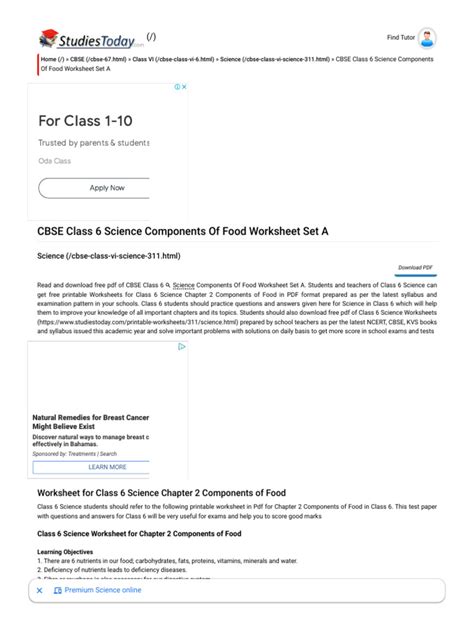Image result for Components of Food Class 6 Worksheet PDF