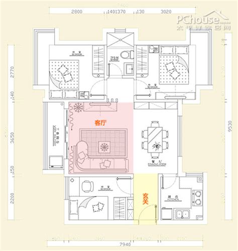 5万广州90平米三居室：原始户型图VS家具平面布置图_中小户型太平洋家居网