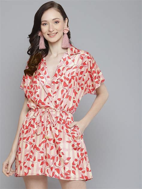 Buy Women Pink & Red Leaf Print Notched Collar Romper Online at Sassafras
