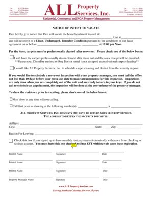 Fillable Online NOTICE OF INTENT TO VACATE Iwe hereby give notice that ...