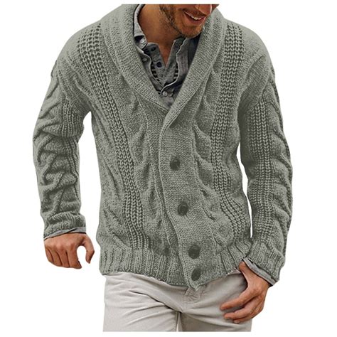 BOBOGOJP Mens Cable Knit Cardigan Sweater Shawl Collar Loose Fit Long ...