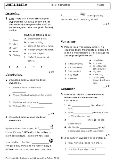 Rozkład materiału dla klasy V: Lekcje i ćwiczenia - Studocu