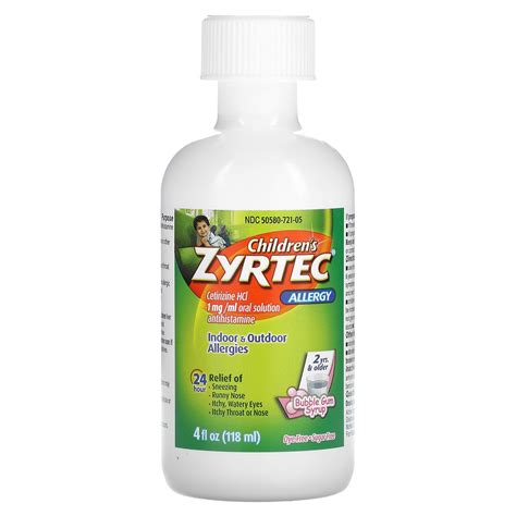Zyrtec, Children's Allergy, Relief Syrup, 2+ Years, Bubble Gum, 5 mg, 4 ...