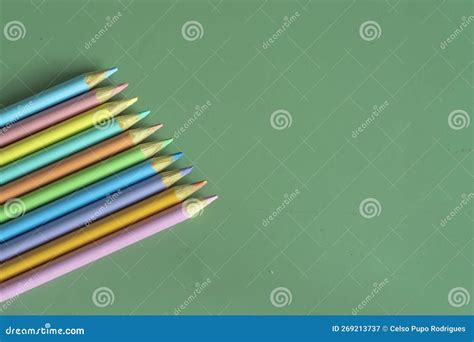 Pastel Colored Pencils, Top View on Green Background, Illustration ...