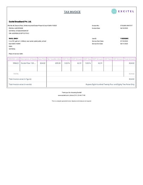 Excitel Wifi Bill - Summary - TAX INVOICE Excitel Broadband Pvt. Ltd ...