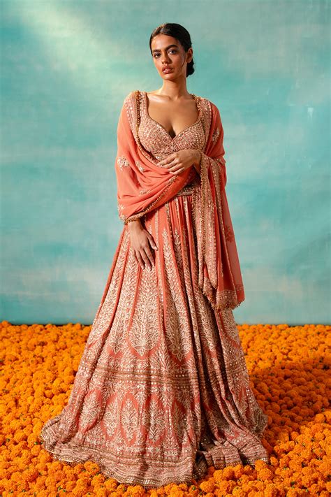 Shop Coral Lehenga Set with Thread & Mirror Embroidery Work – Nakul Sen