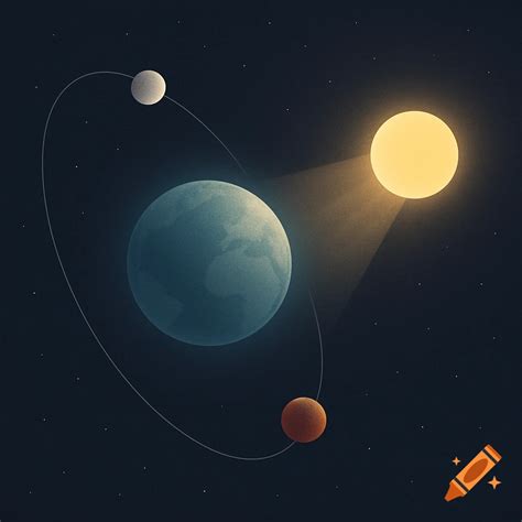 Stylized illustration of Earth, sun, and two moons orbiting in dark ...