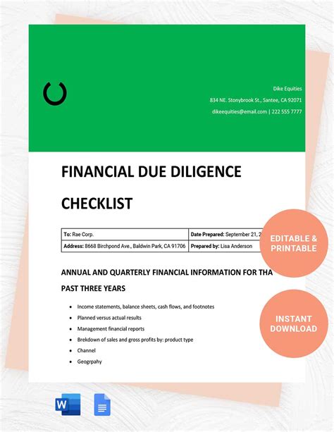 Financial Due Diligence Checklist in Word, Google Docs, Pages ...