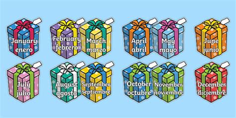 Months on Birthday Presents Spanish Translation - Twinkl