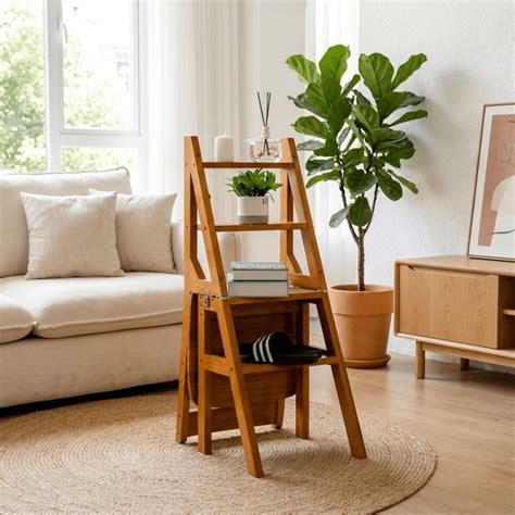 Multipurpose Wooden Folding Step Stool Ladder 3-in-1 Space-Saver (90 c