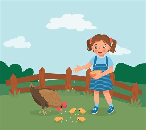 happy little girl feeding chickens on the farm 14752305 Vector Art at ...