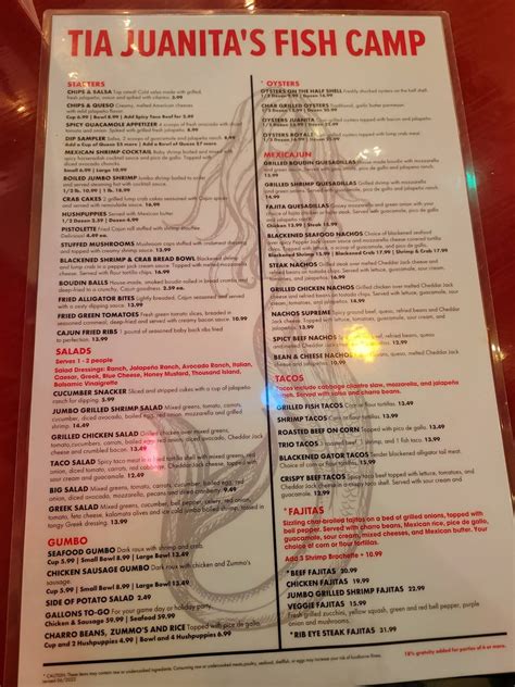 Menu at Tia Juanita's Fish Camp Winnie restaurant, Winnie