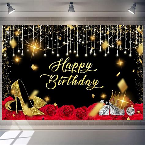 Amazon.com : 9x6ft Black Gold Happy Birthday Backdrops Red Rose ...