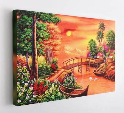 GIFTMASTER Beautiful Sunset Riverside Village Scenery Painting Wall Art ...