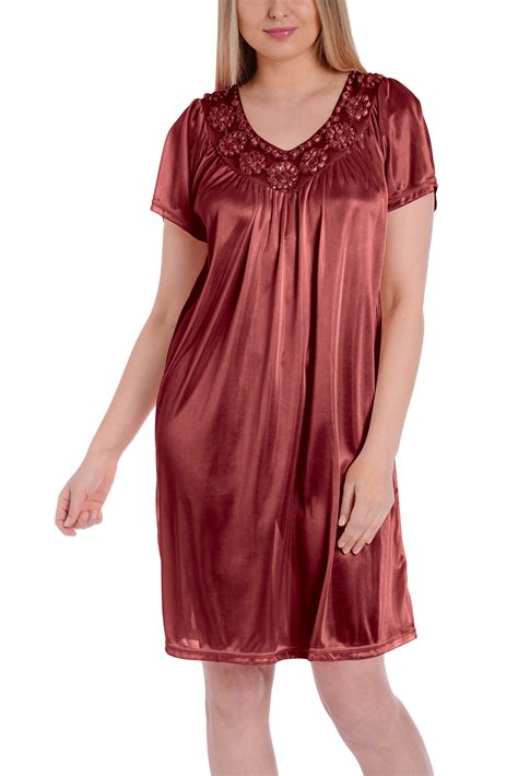 EZI - Women's Satin Silk Short Sleeve Sequins Nightgown By EZI ...