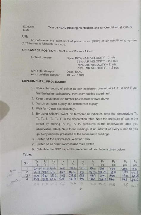 EXNO: 9 HVAC System Performance Test and COP Calculation - Studocu
