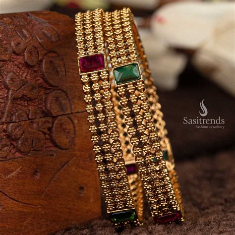 Temple Bridal Bangles with Ruby & Ruby-Green Stones - Sasitrends